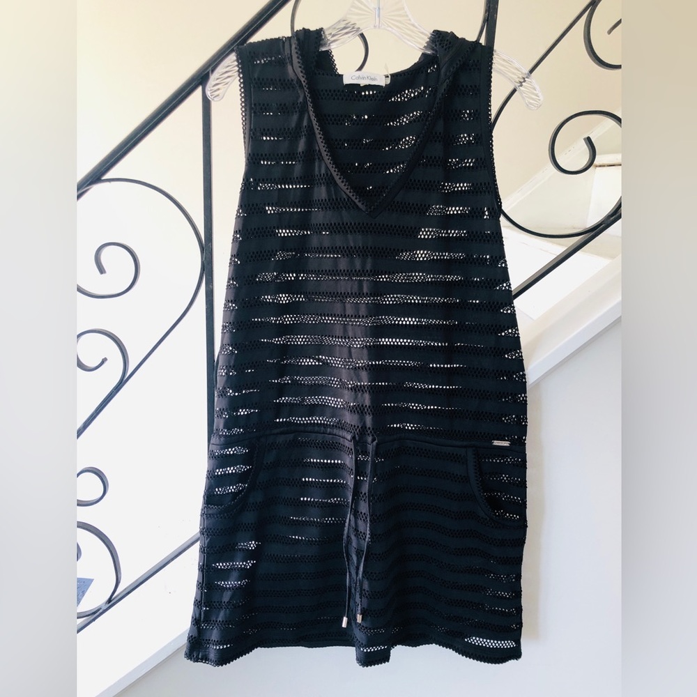 Calvin Klein Beach Poolside Cover Up Black Sleeveless Hooded Semi Sheer
